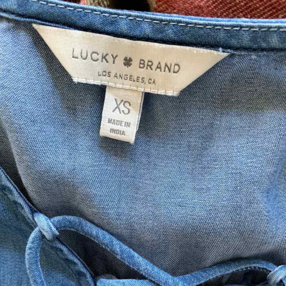 Lucky Brand Chambray Lyocell Shift Dress Lace Up V-Neck Short Sleeve Women's XS - Picture 6 of 7